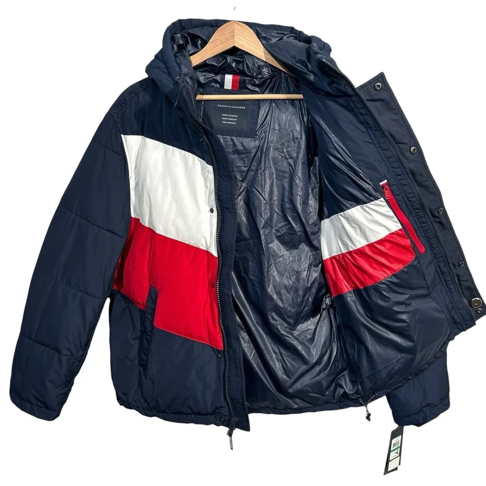 Tommy Hilfiger Men's Quilted Stand Collar Jacket Size L Midnight/Ice/Red Puffer
